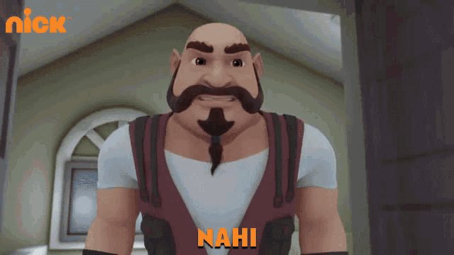 a man with a beard and mustache is standing in front of a nick logo
