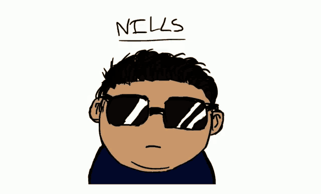 a cartoon drawing of a man wearing sunglasses with the name nills below him