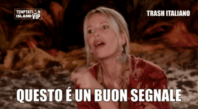 a temptation island vip advertisement with a woman in a red shirt