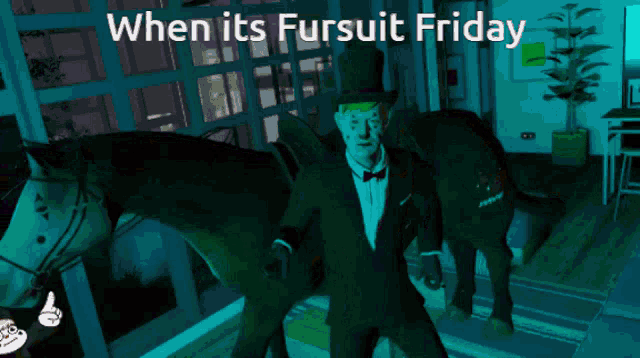 a cartoon of a man in a top hat standing next to a horse with the words when its fursuit friday above him