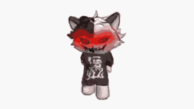 a cartoon drawing of a red and black cat with red eyes and red hair standing on a white background .
