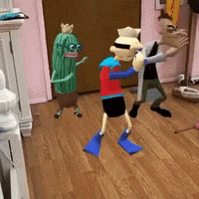 a group of stuffed animals are dancing in a room