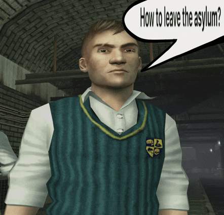 a man with a speech bubble asking how to leave the asylum