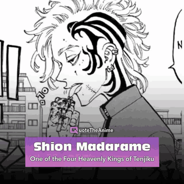 a black and white drawing of shion madarame one of the four heavenly kings of tenjiku