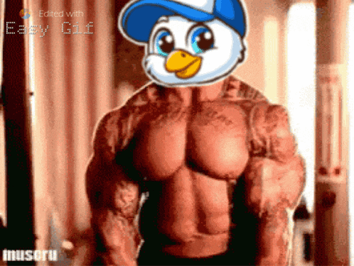 a very muscular man with a cartoon duck on his face
