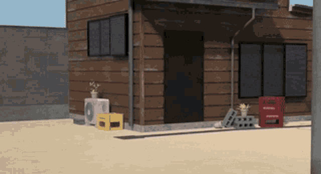 a wooden house with a red box that says ' coca cola ' on it