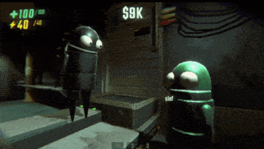 a screenshot of a video game shows two robots and a sign that says $ 9k