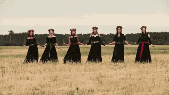 a group of women in black dresses are dancing in a field of wheat .