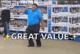 a man in a blue shirt is dancing in a store with the words `` great value '' behind him .