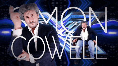 a man in a suit is sitting in front of the name simon cowbell