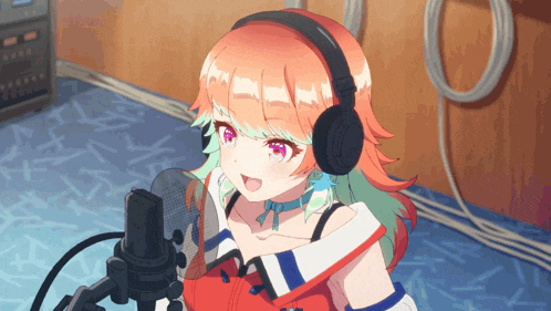 a girl wearing headphones and a choker stands in front of a microphone