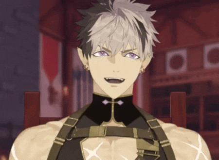 a man with purple eyes is wearing a black harness around his chest