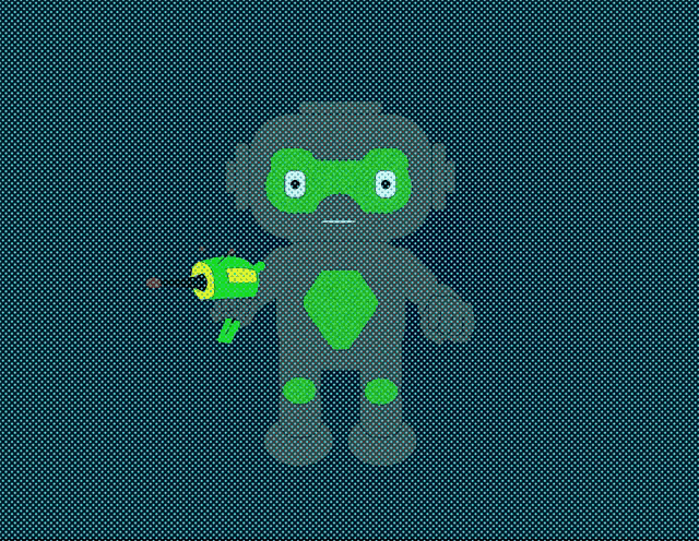 a pixel art of a robot holding a gun