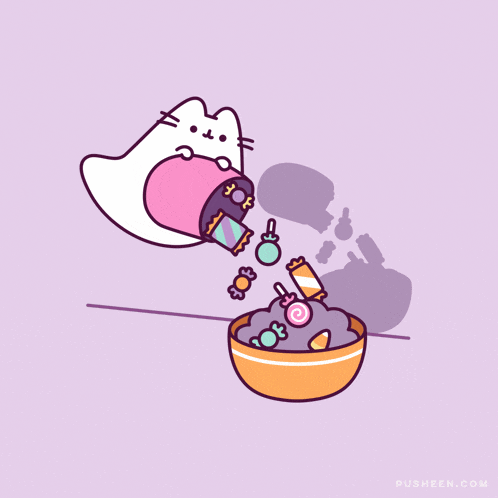 a cartoon cat is pouring candy into a bowl