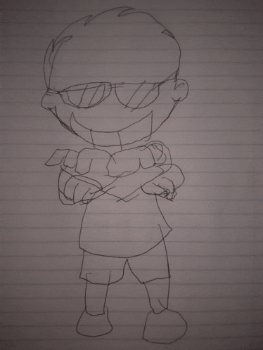 a black and white drawing of a boy with sunglasses