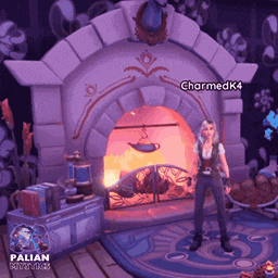 a woman standing in front of a fireplace with the name charmedk4 above her