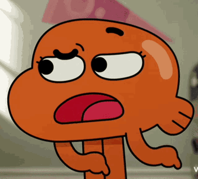 a close up of a cartoon character with the letter v on the bottom right