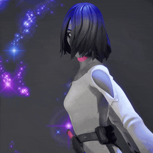 a 3d model of a woman with purple hair stands in front of a purple background