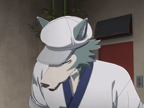 a cartoon wolf wearing a white hat and a white robe
