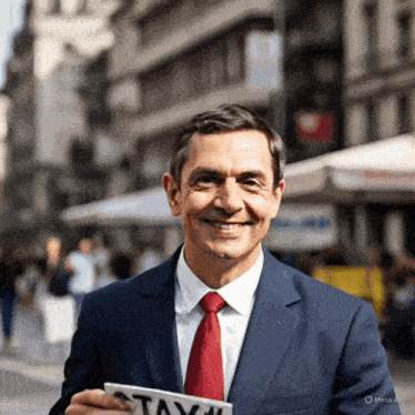 a man in a suit and red tie is holding a sign that says stay