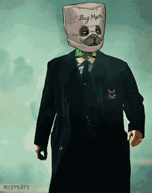a man in a suit has a bag on his head that says bag man on it