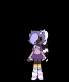 a hand is holding a drawing of a girl with purple hair and striped socks