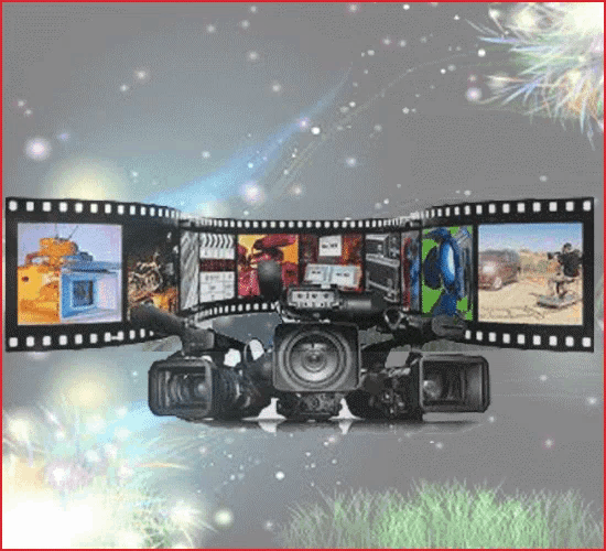 a group of cameras are surrounded by film strips
