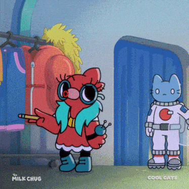 a cartoon character from the milk chug standing next to a blue cat in a space suit
