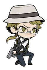 a cartoon character wearing a hat and glasses is kneeling down holding a gun .