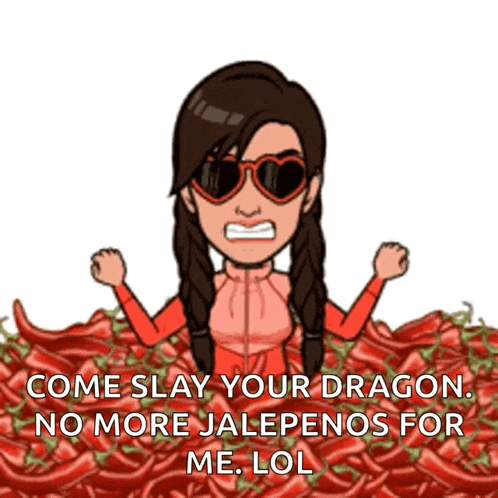 a cartoon of a woman standing in a pile of red peppers