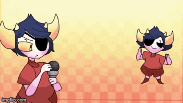 a cartoon character with horns holding a microphone
