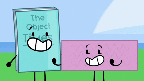 two cartoon characters are standing next to a book called the object times