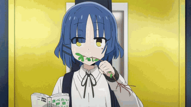 a girl with blue hair is holding a book that says " vegetables " on it