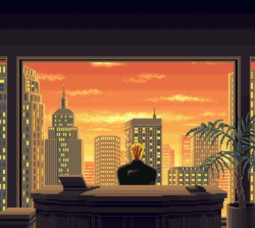 a pixel art of a man sitting at a desk looking out a window at a city