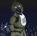 chica the chicken from five nights at freddy 's is standing in the dark with his mouth open .