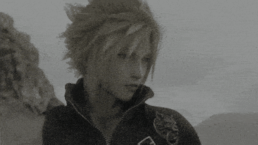 a black and white photo of a video game character named cloud strife