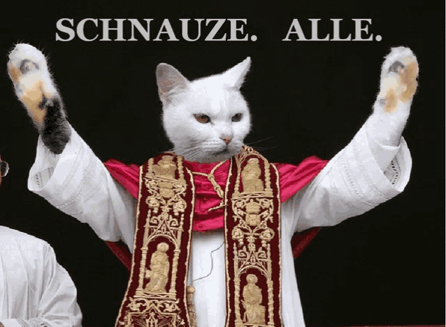 a cat dressed as a priest with the words schnauze alle written above it