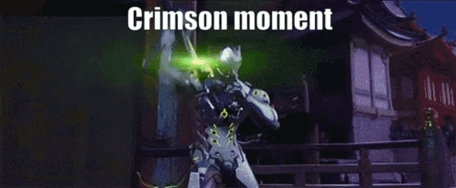 a video game character is standing in front of a building with the words " crimson moment " above him