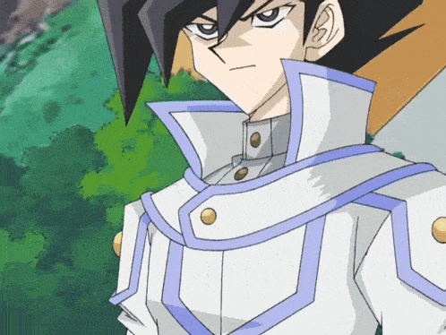 a cartoon character with a white jacket and blue collar