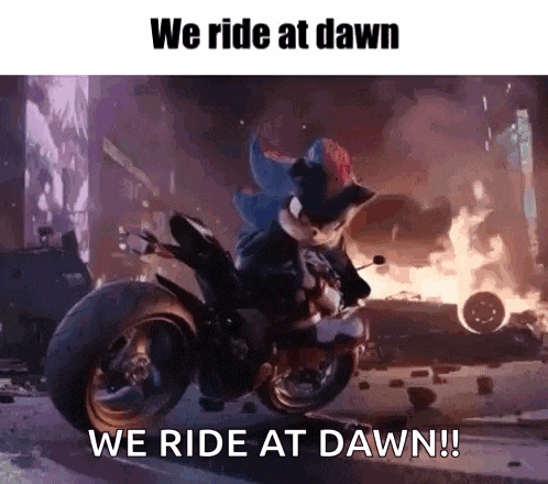 sonic the hedgehog is riding a motorcycle in a video game with the words we ride at dawn we ride at dawn !