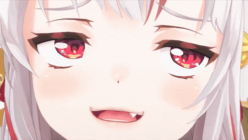 a close up of a anime girl with red eyes
