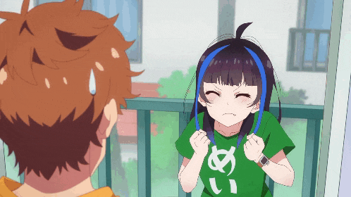 a girl with blue hair is wearing a green shirt that says ' a ' on it