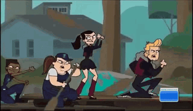 a group of cartoon characters are standing next to each other on a bridge in front of a house .