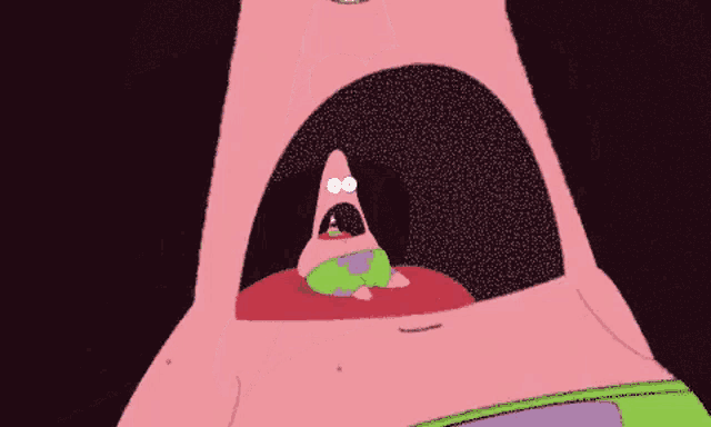 patrick star from spongebob squarepants is looking out of a hole in a pink balloon .