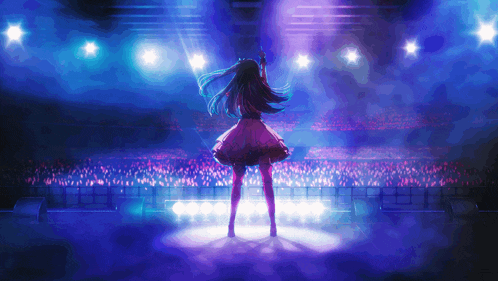 a girl in a pink dress is singing into a microphone on stage