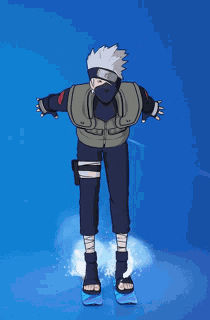 a cartoon character wearing a mask is skiing on a blue background