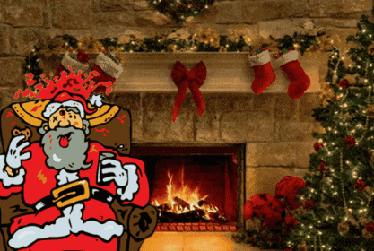 a cartoon of santa claus in front of a fireplace