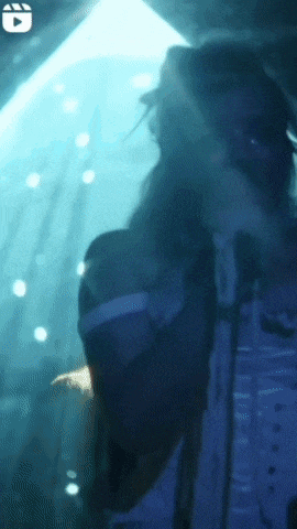 a man is standing in front of a microphone in a dark room with a blue background