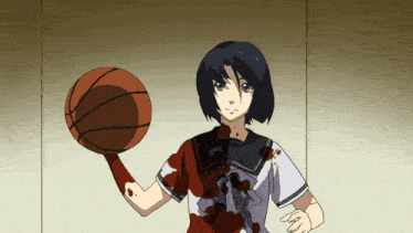a girl in a bloody shirt holds a basketball in her hand