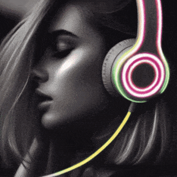 a woman wearing a pair of headphones with a neon circle on them